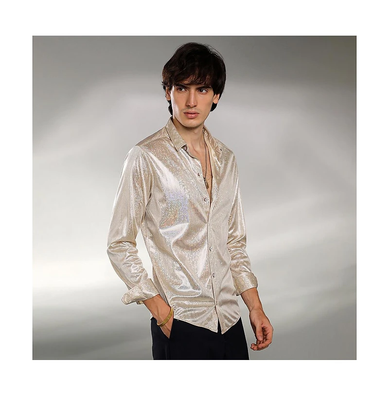 Campus Sutra Men's Metallic Beige Sheen Chevron Shirt