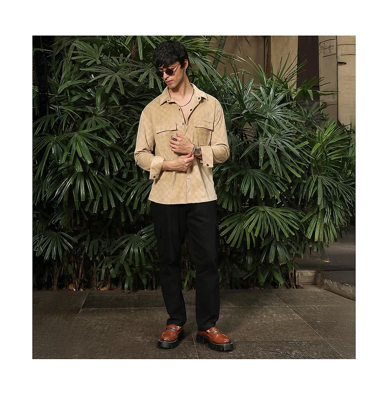 Campus Sutra Men's Buff Beige Cubic Velvet Utility Shacket