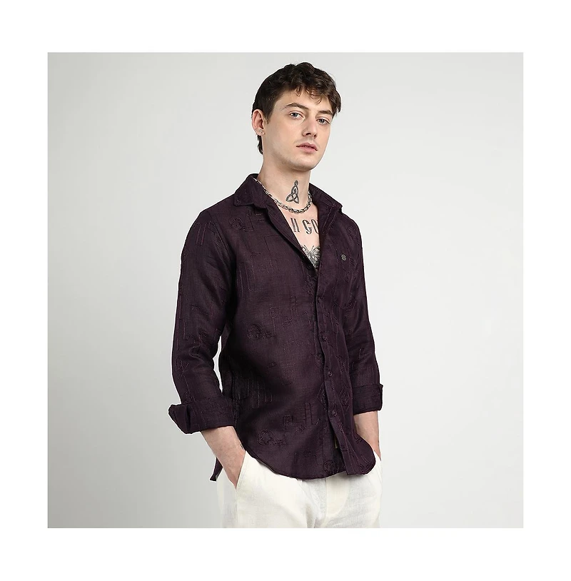Campus Sutra Men's Plum Purple Embroidered One-Lined Shirt