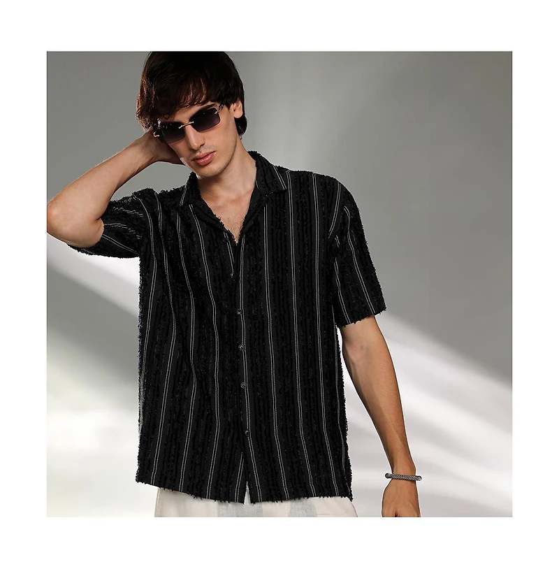Campus Sutra Men's Raven Black Unhemmed Striped Oversized Shirt