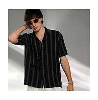 Campus Sutra Men's Raven Black Unhemmed Striped Oversized Shirt