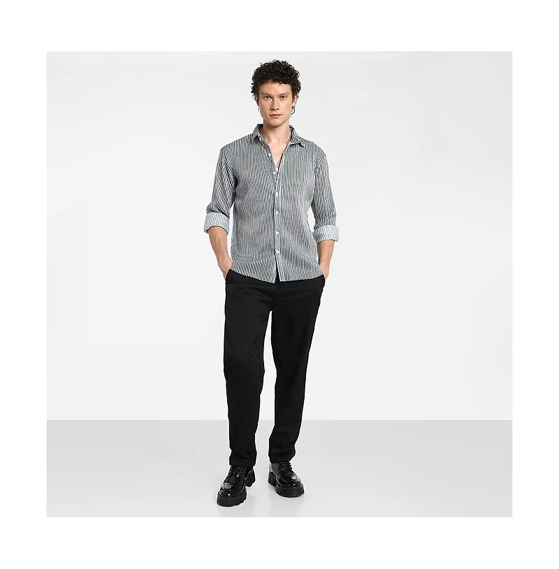 Campus Sutra Men's Midnight Black & Powder White Pleat-Creased Shirt
