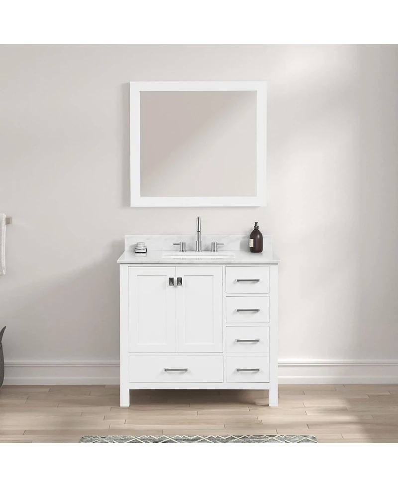 Vanirror 36" Matte White Bathroom Vanity Set with Marble Countertop & Ceramic Sink, Solid Wood Freestanding Vanity for Modern Bathrooms