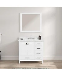 Vanirror 36" Matte White Bathroom Vanity Set with Marble Countertop & Ceramic Sink, Solid Wood Freestanding Vanity for Modern Bathrooms