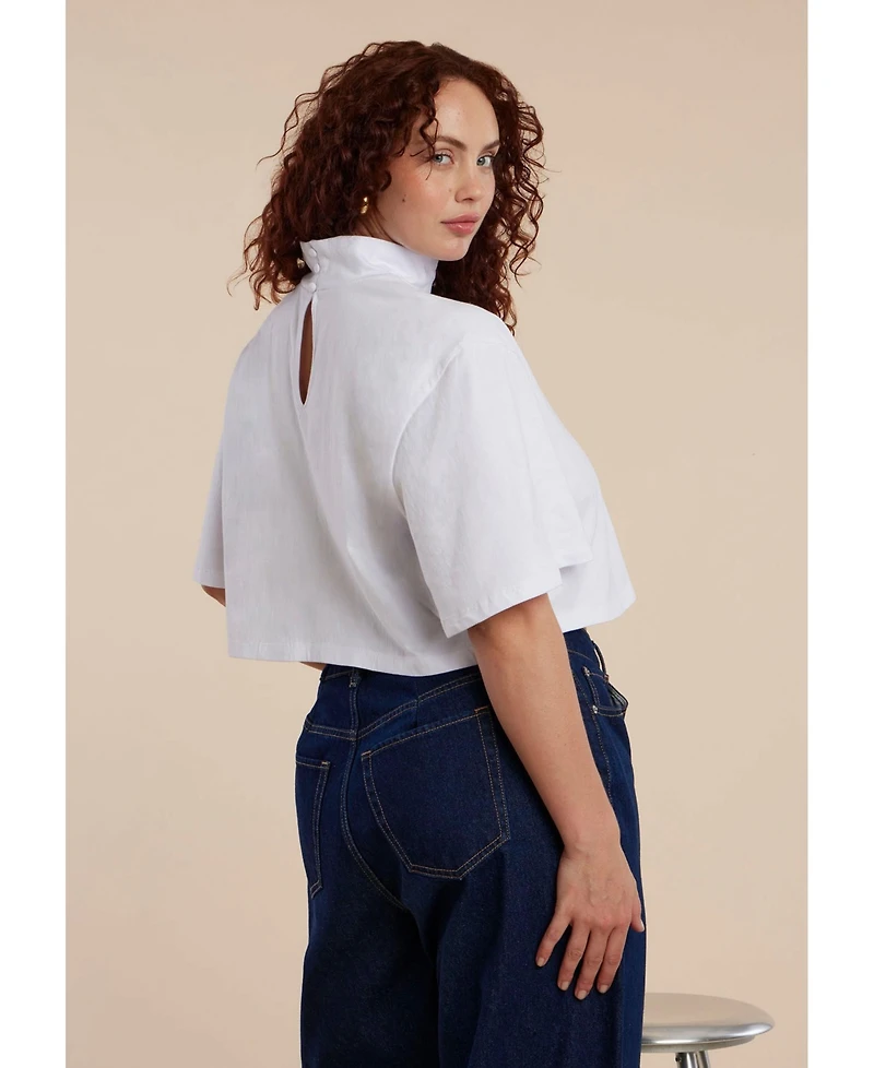 Eloquii Women's Shirred Mockneck Top With Sheer Sleeve