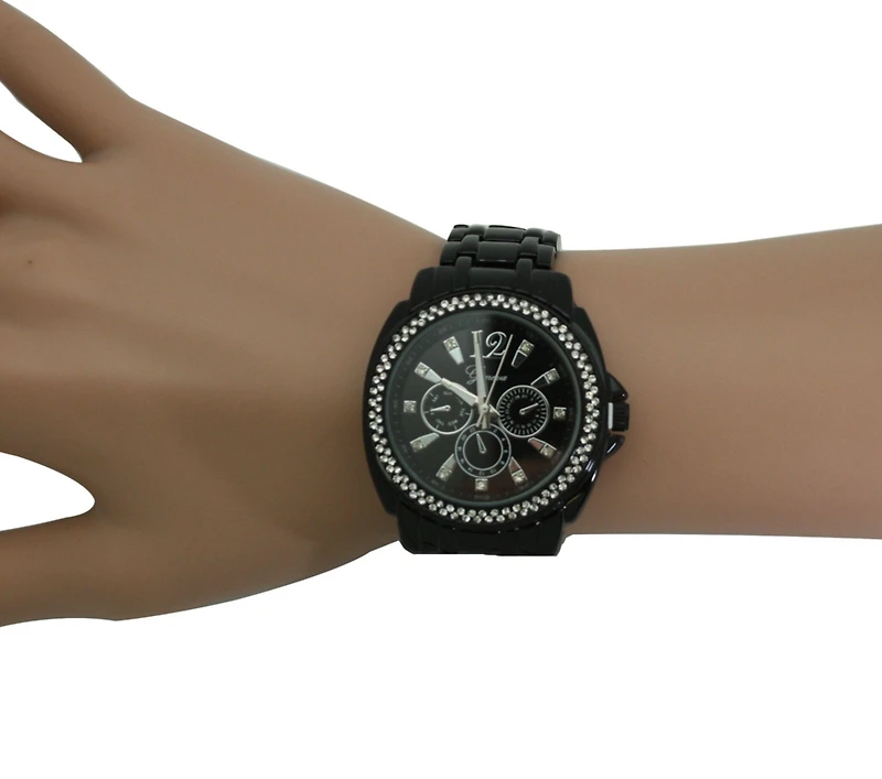 Olivia Pratt Black Rhinestone Bezel Black Metal Watch