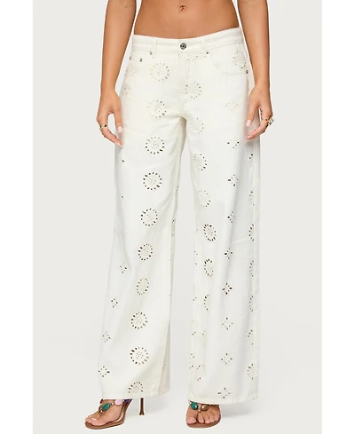 Edikted Womens Eyelet Low Rise Wide Leg Jeans