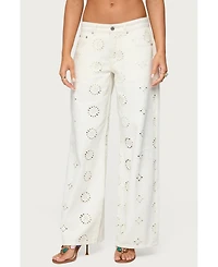 Edikted Womens Eyelet Low Rise Wide Leg Jeans