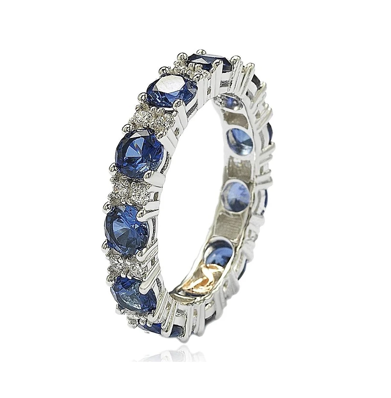 Suzy Levian New York Sterling Silver Sapphire & Created White Round Cut Eternity Band Ring