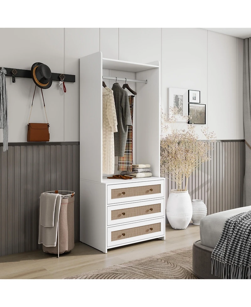 Casainc Tall Cabinet with 3 Drawers Rattan High Wardrobe Armoire