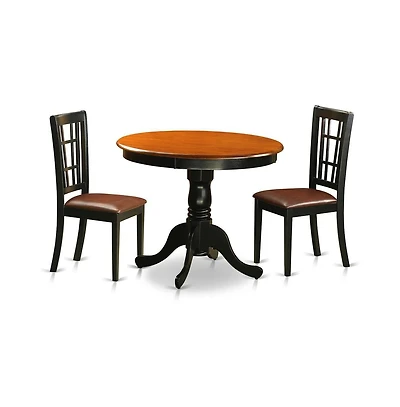 East West Furniture 3 Pc Dining Table with 2 Leather Chairs in Black and Cherry