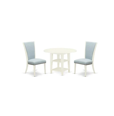 East West Furniture kitchen dining table set of 2 great kitchen dining chairs with Linen Fabric Baby Blue color and an attractive drop leaf and two sh