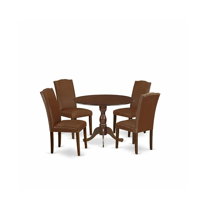 East West Furniture 5 Piece Kitchen Table Set Consists of 1 Drop Leaves Dining Table and 4 Brown Faux Leather Dinning Chairs High Back with Nail Heads