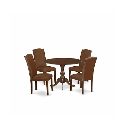 East West Furniture 5 Piece Kitchen Table Set Consists of 1 Drop Leaves Dining Table and 4 Brown Faux Leather Dinning Chairs High Back with Nail Heads
