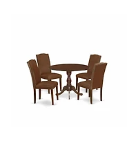 East West Furniture 5 Piece Kitchen Table Set Consists of 1 Drop Leaves Dining Table and 4 Brown Faux Leather Dinning Chairs High Back with Nail Heads