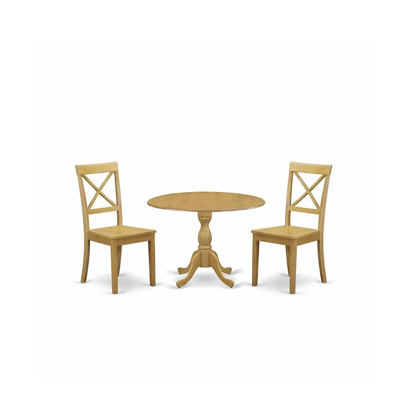 East West Furniture 3 Piece Dining Room Table Set - Dropleaf Oak Dining Room Table and 2 Oak Wooden Dining Chairs with X-Back - Oak Finish
