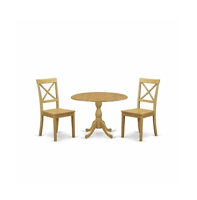 East West Furniture 3 Piece Dining Room Table Set - Dropleaf Oak Dining Room Table and 2 Oak Wooden Dining Chairs with X-Back - Oak Finish