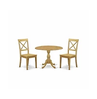 East West Furniture 3 Piece Dining Room Table Set - Dropleaf Oak Dining Room Table and 2 Oak Wooden Dining Chairs with X-Back - Oak Finish