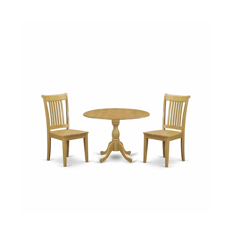East West Furniture 3 Piece Modern Dining Room Table Set - Oak Dining Room Table and 2 Oak Wooden Dining Chairs with Slatted Back - Oak Finish