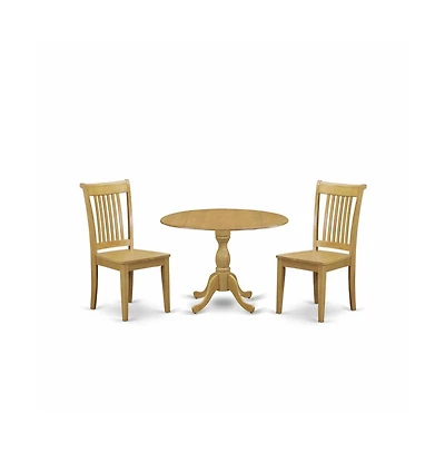 East West Furniture 3 Piece Modern Dining Room Table Set - Oak Dining Room Table and 2 Oak Wooden Dining Chairs with Slatted Back - Oak Finish