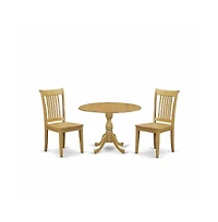 East West Furniture 3 Piece Modern Dining Room Table Set - Oak Dining Room Table and 2 Oak Wooden Dining Chairs with Slatted Back - Oak Finish