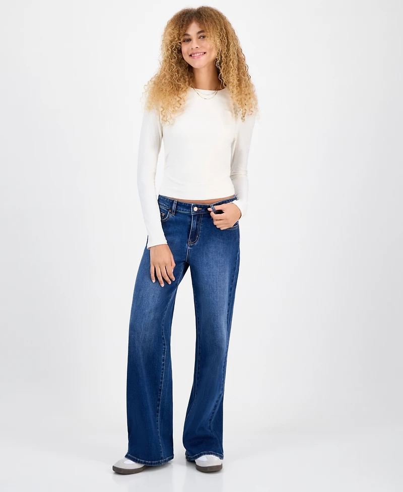 Indigo Rein Juniors' Mid-Rise Wide-Leg Jeans