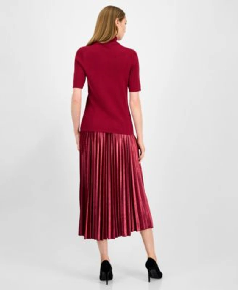 Anne Klein Womens Half Sleeve Turtleneck Sweater Velvet Pleated Flared Midi Skirt