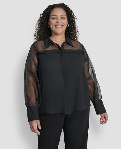 Dkny Plus Collared Mixed-Media Illusion Blouse