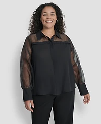 Dkny Plus Collared Mixed-Media Illusion Blouse