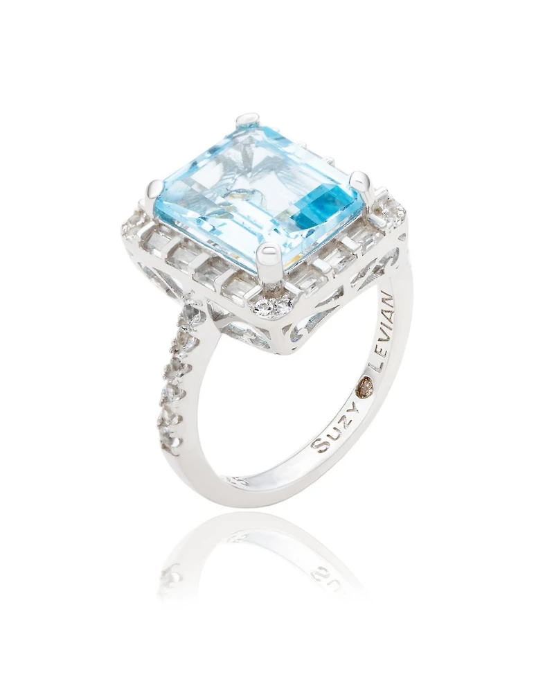Suzy Levian New York Sterling Silver Emerald Cut Topaz Halo Ring
