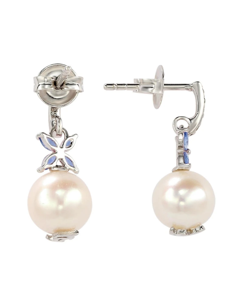 Suzy Levian New York Sterling Silver Pearl & Sapphire Floral Earrings