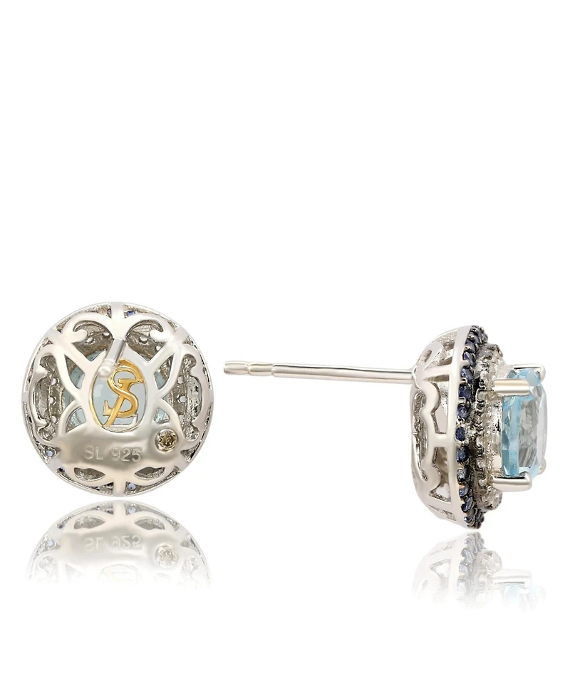 Suzy Levian Sterling Silver Round Cut Topaz And Double Halo Stud Earrings