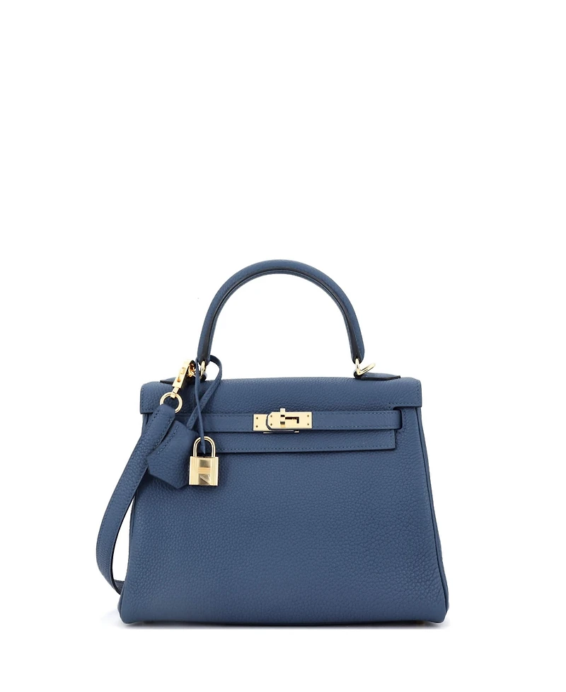 Pre-Owned Hermes Kelly 25 Handbag Blue Togo with Permabrass Hardware