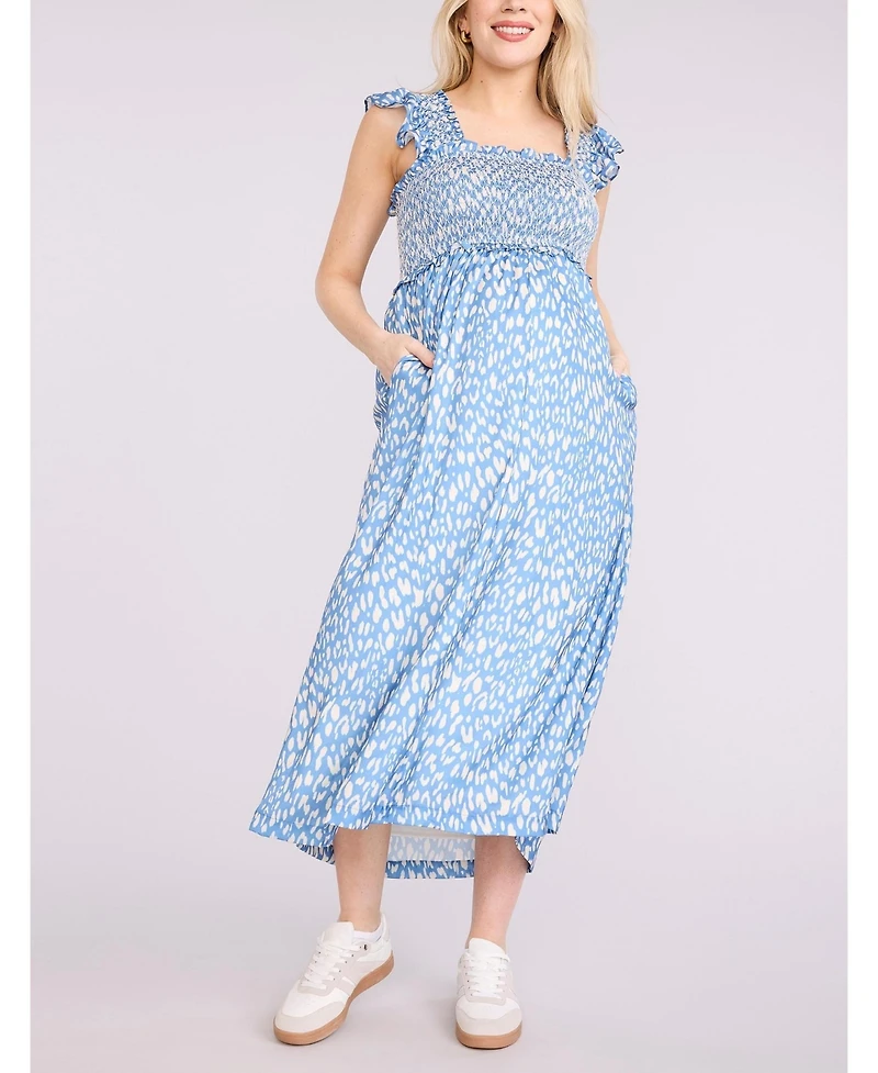 Women's Sleeveless Ruffle Shoulder Smocked Maxi Dress - Motherhood Maternity