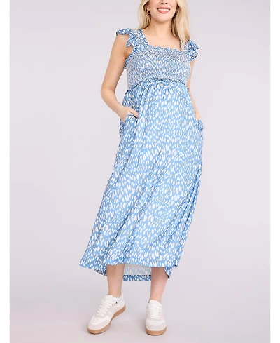 Women's Sleeveless Ruffle Shoulder Smocked Maxi Dress - Motherhood Maternity