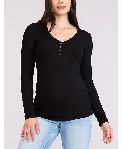 Motherhood Maternity Women's V-Neck Side-Ruched Long Sleeve Henley Tee