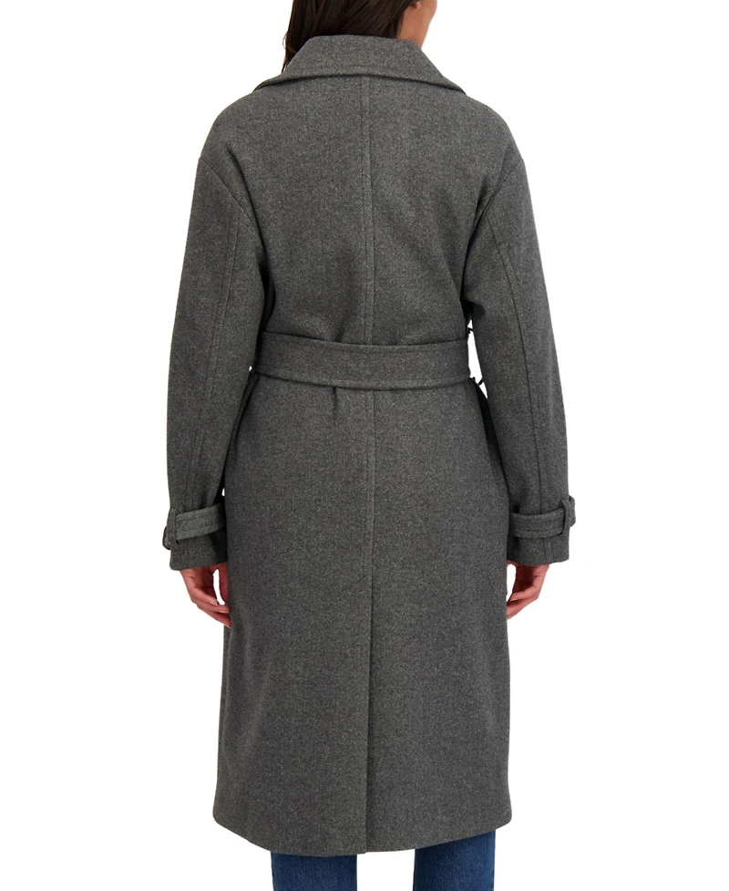 Sebby Collection Women's Long Belted Oversized Double Breasted Faux Wool Coat