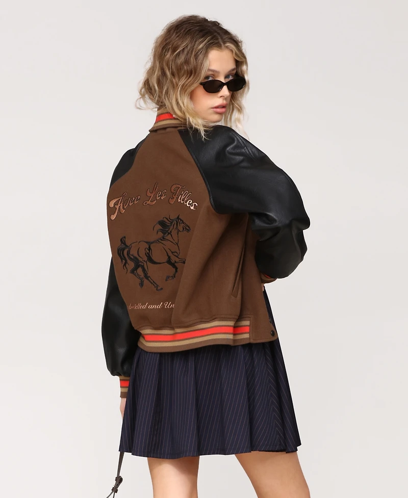 Avec Les Filles Women's Combo Sleeve and Roll Collar Varsity Bomber Jacket