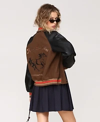 Avec Les Filles Women's Combo Sleeve and Roll Collar Varsity Bomber Jacket