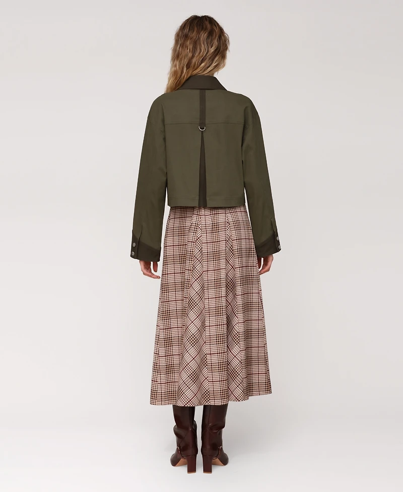 Avec Les Filles Women's Oversized Combo and Clasp Pockets Cropped Trucker Jacket