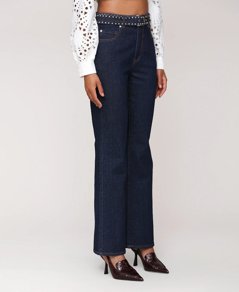 Avec Les Filles Women's Studded Belt High Rise Boot Cut Jeans