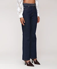 Avec Les Filles Women's Studded Belt High Rise Boot Cut Jeans