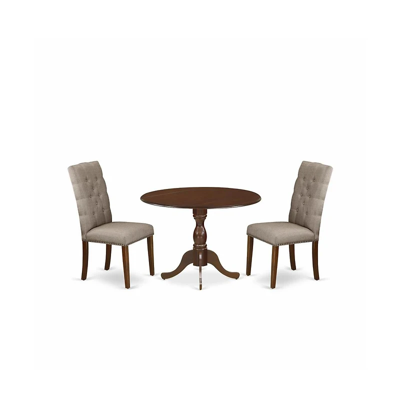 East West Furniture 3 Piece Dining Table Set Consists of 1 Drop Leaves Dining Table and 2 Dark Khaki Linen Fabric Parson Chairs Button Tufted Back wit