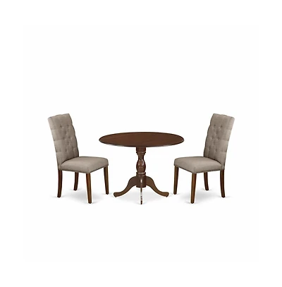East West Furniture 3 Piece Dining Table Set Consists of 1 Drop Leaves Dining Table and 2 Dark Khaki Linen Fabric Parson Chairs Button Tufted Back wit