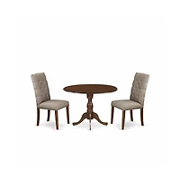 East West Furniture 3 Piece Dining Table Set Consists of 1 Drop Leaves Dining Table and 2 Dark Khaki Linen Fabric Parson Chairs Button Tufted Back wit