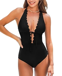 Cupshe Women's Halter Deep V-Neck Scalloped One Piece Swimsuit