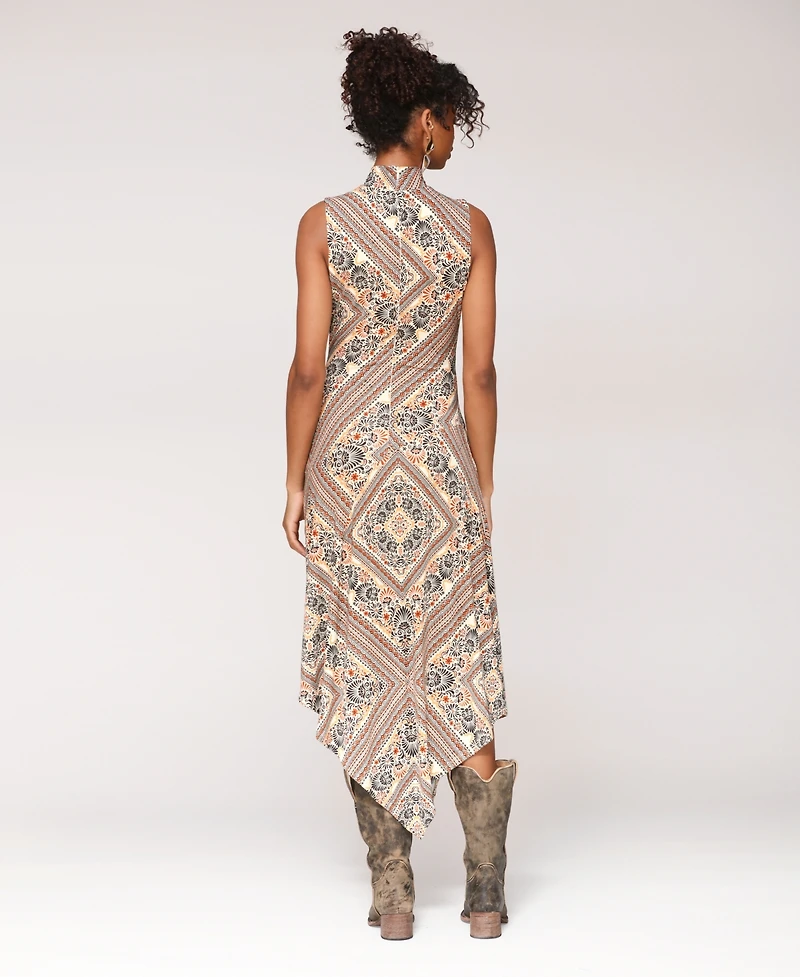 Avec Les Filles Women's Printed Jersey Sleeveless Turtle Neck Midi Dress