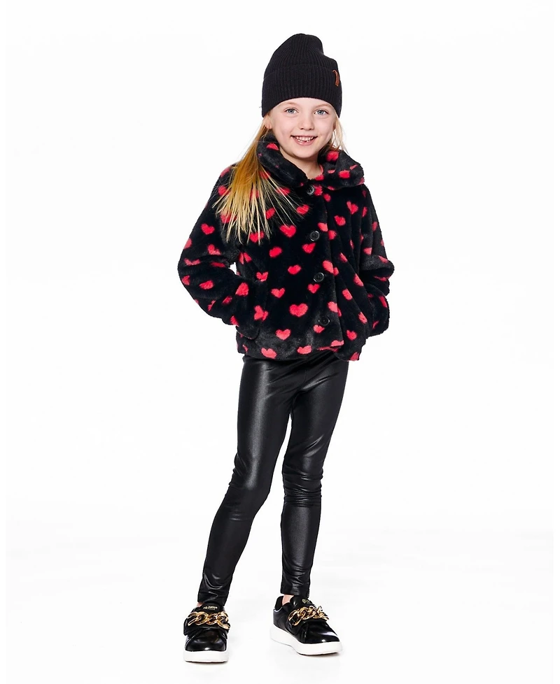 Deux par Girl Faux Fur Short Coat Black and Red with Hearts - Toddler|Child