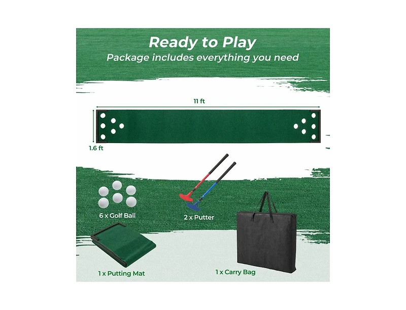 11 Feet Indoor Outdoor Putting Green Mat with 2 Adjustable Putters and 6 Balls