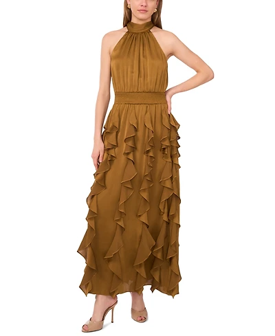 1.state Women's Smocked Cascade-Ruffle Halter Maxi Dress